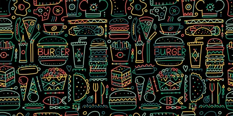 Printed roller blinds Dining Room Fast food collection. Hamburger pizza sausages snacks sandwich ice cream. Food menu, seamless pattern for your design