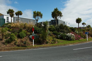 Residential houses with gardens at Nugget Bay, Otago on South Island of New Zealand