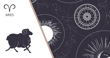 Zodiac background. Constellation Aries. Horizontal banner. Vector illustration