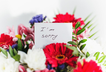 greeting card with the words I'm sorry in a beautiful bright bouquet of flowers 