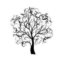Tree with flying around currencies. Vector decoration from scattered elements. Monochrome isolated silhouette. Conceptual illustration.