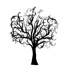 Tree with flying around currencies. Vector decoration from scattered elements. Monochrome isolated silhouette. Conceptual illustration.