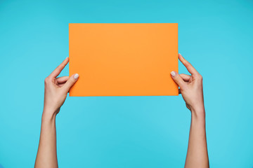 Studio photo of pretty lady's hands being raised while holding orange piece of paper rectangular shape. Standing over blue background with white manicure