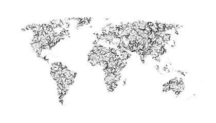 World map from currencies. Vector decoration from scattered elements. Monochrome isolated silhouette. Conceptual illustration.