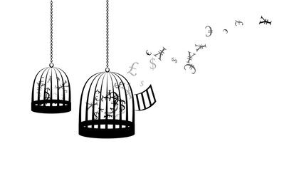 Birdcages with flying up currencies. Vector decoration from scattered elements. Monochrome isolated silhouette. Conceptual illustration.