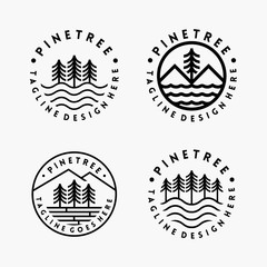 Set of Tree, Mountain, and Lake Outline Logo vector Template