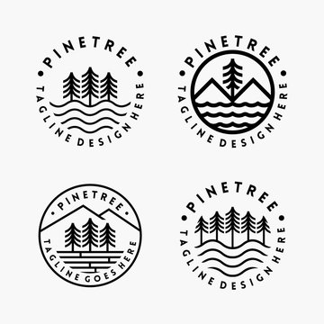 Set of Tree, Mountain, and Lake Outline Logo vector Template