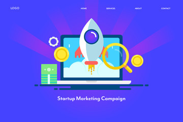 Business startup project planning, marketing strategy development for new business launching, grow your startup, digital marketing with finance management concept. Flat design web banner template.
