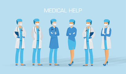 Set of doctors with different protection against the virus. The fight against coronovirus. Coronavirus (2019-nCoV). Virus Covid 19-NCP.