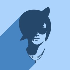 Portrait of beautiful woman in black sunglasses. Short hair. Front view. Web icon with long shadow