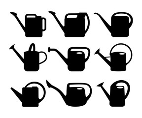 Watering cans silhouettes on white background. Garden tools.