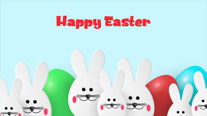 Happy Easter. Easter large and small bunnies looking away on a light coloured background. Template for greeting card. Paper cut style.