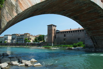View of the beautiful old bridge over the Adige river, Europe, Italy Verona