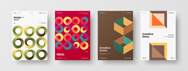 Business presentation vector A4 vertical orientation front page mock up set. Corporate report cover abstract geometric illustration design layout bundle. Company identity brochure template collection.