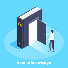 isometric vector image on a blue background, a man opened the door to a big book, the pursuit of knowledge and curiosity