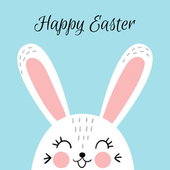 Obraz premium Happy Easter bunny on blue background. Greeting card for kids.