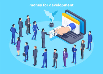 Obraz premium isometric vector image on a blue background, men and women in business suits are queuing for money in front of a laptop, money for development