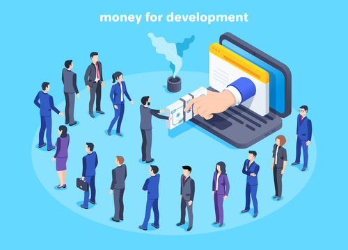 isometric vector image on a blue background, men and women in business suits are queuing for money in front of a laptop, money for development