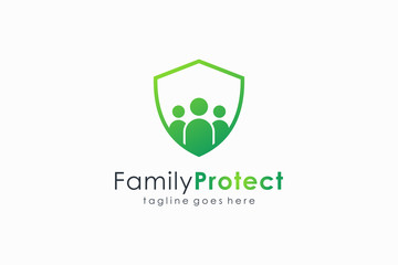 Family Protection Logo. Shield Icon with People inside isolated on White Background. Flat Line Vector Logo Design Template Element.