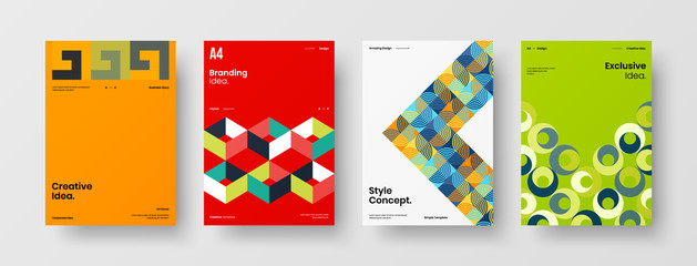 Fototapeta premium Business presentation vector A4 vertical orientation front page mock up set. Corporate report cover abstract geometric illustration design layout bundle. Company identity brochure template collection.