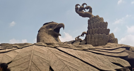 The beautiful view of jatayu bird sculpture looking upwards who fought with ravan for maa Sita. Jatayu earth centre, Kollam, Kerala, India: March 09, 2020
