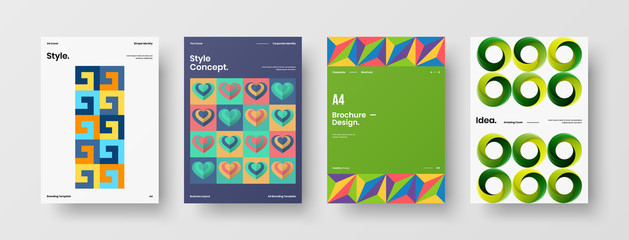 Fototapeta premium Business presentation vector A4 vertical orientation front page mock up set. Corporate report cover abstract geometric illustration design layout bundle. Company identity brochure template collection.