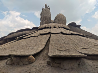 The beautiful view of jatayu bird sculpture looking upwards who fought with ravan for maa Sita. Jatayu earth centre, Kollam, Kerala, India: March 09, 2020