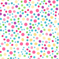 Vector seamless pattern with colorful circles. Great for fabrics, baby clothes, wrapping papers, covers. Hand drawn illustration on white background.