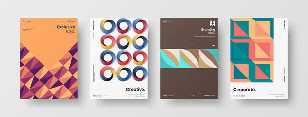 Business presentation vector A4 vertical orientation front page mock up set. Corporate report cover abstract geometric illustration design layout bundle. Company identity brochure template collection.