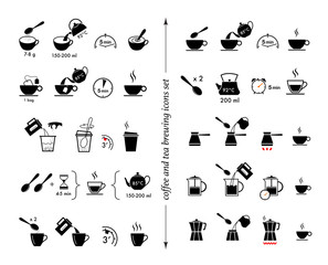Set of methods of brewing tea and coffee. Preparation instructions. Vector elements for infographics. Set of sign for detailed guideline. Ready for your design.	