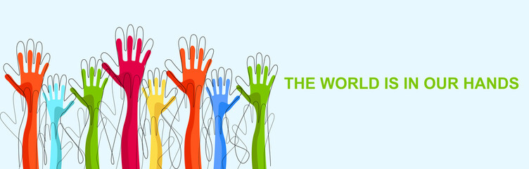 Ecological responsibility. Illustration with outreached hands and text THE WORLD IS IN OUR HANDS on blue background