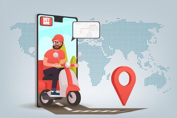 Scooter with delivery man flat vector cartoon character. Fast courier. Restaurant food service, mail delivery service, a postal employee the determination of geolocation using electronic device