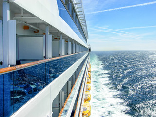 Exterior view of a cruise ship during the voyage on the sea