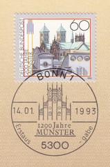 Historical town hall and Cathedral. 1200th anniversary of Munster, postmark Bonn, stamp Germany 1993