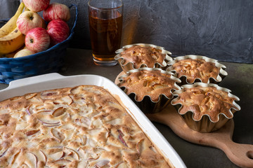 pie or muffin with apples on a plate in blue classic color with tea in the kitchen