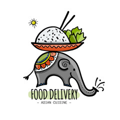 Food Delivery Concept. Asian Elephant with Food. Sketch for your design