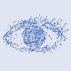 Eye made of water splashes on a blue background - 333859582