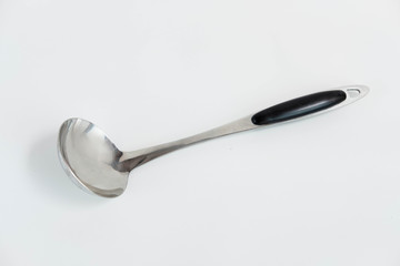 Metal Soup Spoon with black plastic handle isolated on white background