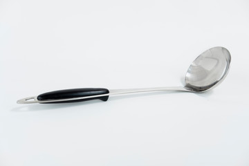 Metal Soup Spoon with black plastic handle isolated on white background
