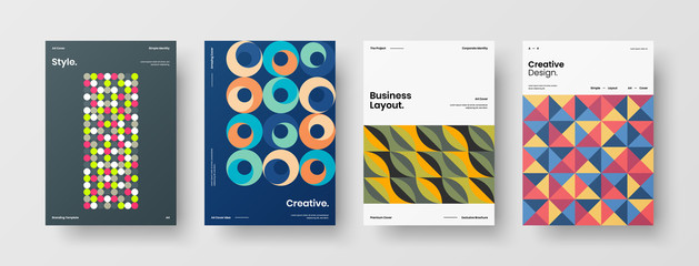 Obraz premium Business presentation vector A4 vertical orientation front page mock up set. Corporate report cover abstract geometric illustration design layout bundle. Company identity brochure template collection.