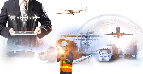 Business Logistics concept, Businessman manager touching icon of logistics for workers with Modern Trade warehouse logistics Global business connection technology interface global partner connection