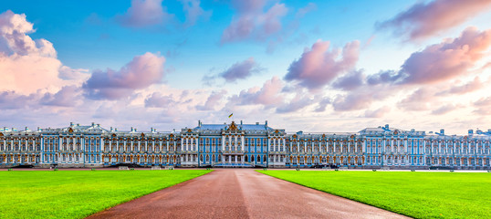 The Catherine Palace Baroque style architecture blue white and gold gamma located in the town of...