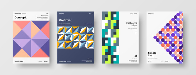 Obraz premium Business presentation vector A4 vertical orientation front page mock up set. Corporate report cover abstract geometric illustration design layout bundle. Company identity brochure template collection.