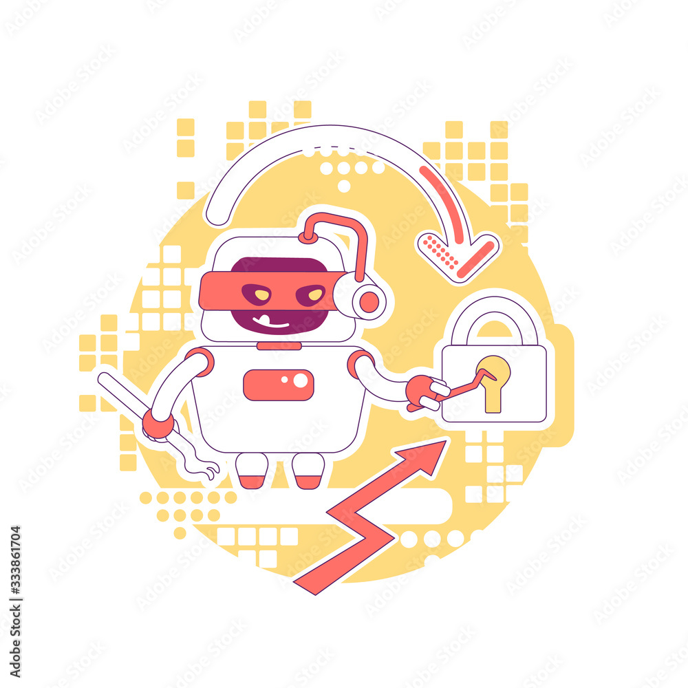 Poster hacker bot thin line concept vector illustration. stealing personal account password, data and conte