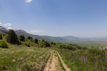 Aksu Zhabagly nature reserve, oldest in Central Asia, with snow hills and sky on background, situated in Kazakhstan