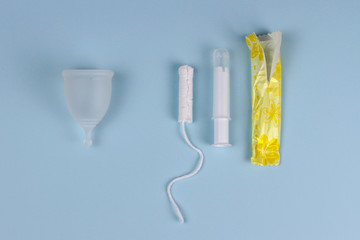 Zero waste concept. Menstrual cup vs Tampon. Eco alternative, hygiene period product. Flat lay