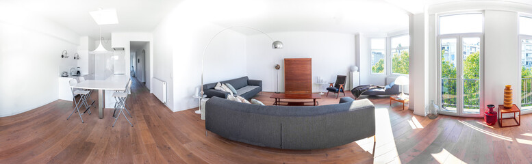 Panorama of a minimal stylish bright house with wooden floor, big sofas, retro lamps, big windows...