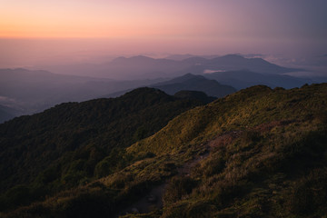 Obraz na płótnie Canvas Mountain valley during morning sunrise in Mardi Himal trekking route, Himalaya mountain range in Pokhara Nepal