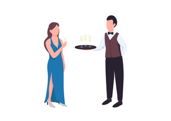 Elegant flat color vector faceless characters. Man in uniform with tray. Male waiter serving sparkling wine. Woman in formal dress hold wine glass. Catering service isolated cartoon illustration