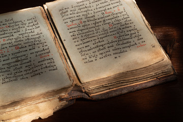 Obraz premium The ancient book in leather reliure on a light background